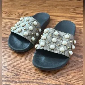 Gucci | Shoes | Gucci Womens Pursuit Pearl Stud Pool Slide Sandals